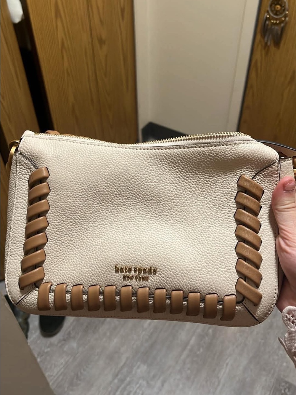 Women’s Beige Leather Top-Handle Bag with Tan Trim